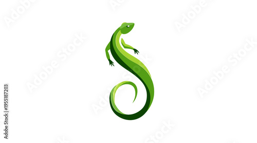 A stylized illustration of a green lizard in a graceful, curving pose against a white background