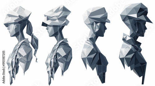 Four polygonal portraits of people in caps and jackets, side view, monochrome, geometric