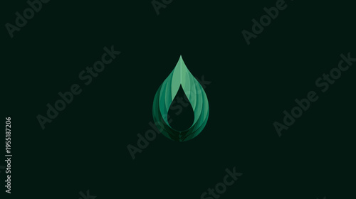 A geometric drop-shaped design in various shades of green, centered against a dark green backdrop