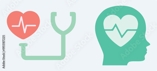 Medicine, heartbeat, stethoscope, mental health, heart, head, mind, therapy, pulse. Person, doctor, head, psychology, emotion, well-being, feeling. Set, template, icon, concept