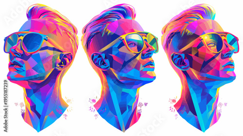 Three colorful polygonal faces wearing sunglasses, against a white background