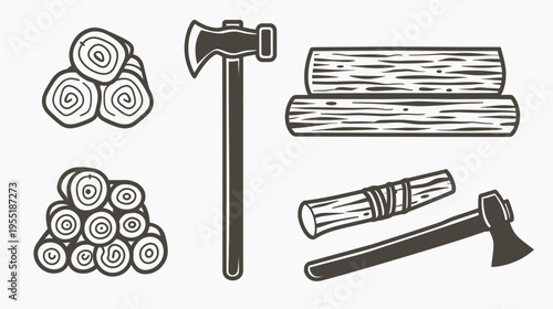 Woodcutting set of axe and log piles, rendered in vintage monochrome graphics style