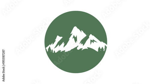 Mountain peaks with trees in a green circle on a white background, mountain range art
