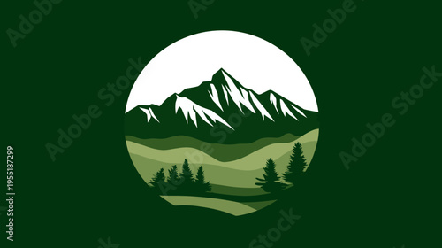 A circular illustration of mountainous scenery set against a dark green backdrop