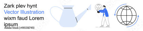 Creativity, sustainability, environmental care, global concepts, innovation, renewable ideas. Watering can, lightbulb globe with arrows. Creativity and sustainability through simple design elements