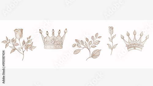 Line art depicting floral elements and crowns with a beige palette on a white background