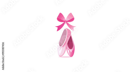 A pink illustration featuring ballet shoes and a bow. The background is white