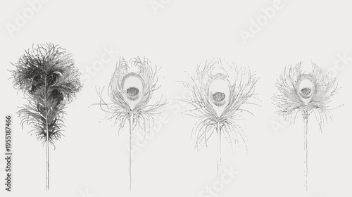 Four grayscale peacock feathers in varying stages of bloom, on a pale background