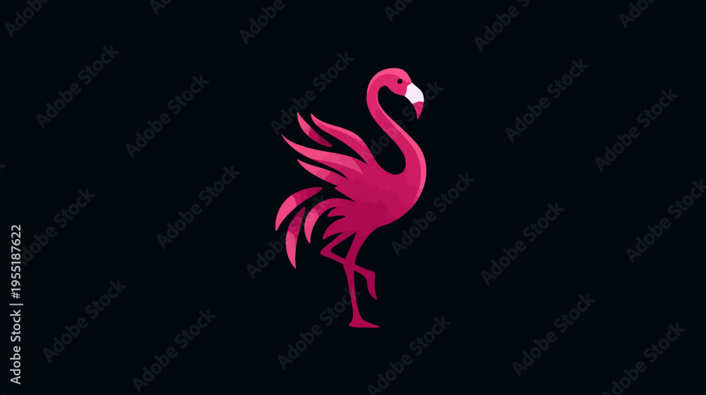 Fototapeta premium A pink flamingo logo on a black background, in a minimalist, geometric style. The bird is standing