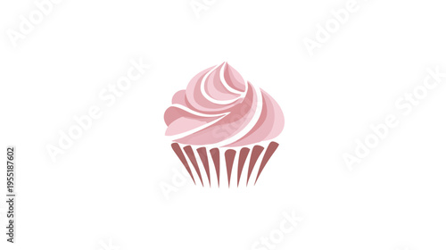 Illustration of a cupcake with a pink frosting swirl design, a brown base on a white background