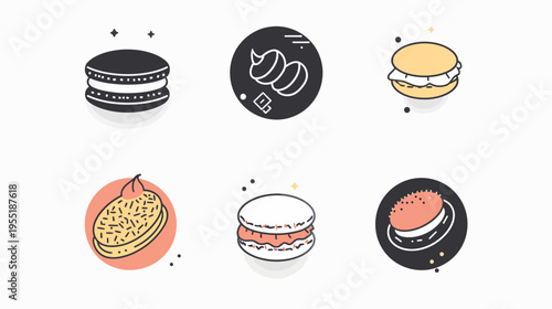 Six icons of macaron cookies with different fillings and color schemes on white