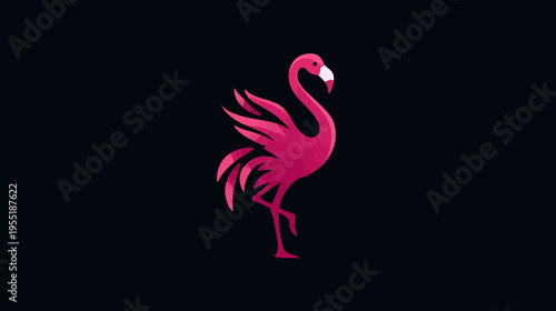 A pink flamingo logo on a black background, in a minimalist, geometric style. The bird is standing