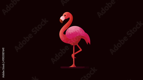 A vibrant illustration features a flamingo, rendered in shades of pink, standing gracefully on a black backdrop