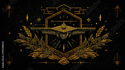 A golden spacecraft design with a detailed laurel wreath on a black speckled background
