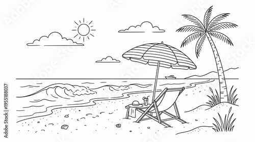 A relaxing beach scene with a chair, umbrella, and palm tree under the sun