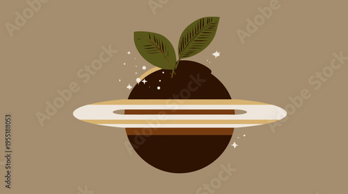 Illustration of a planet with leaves sprouting from a dark sphere, a segmented ring, and stars