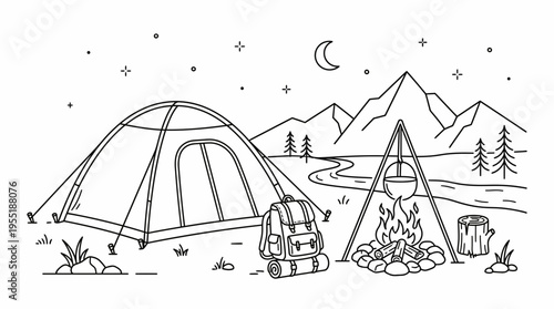 Scenic outdoor camping night adventure line illustration with tent, glowing campfire, and majestic mountains