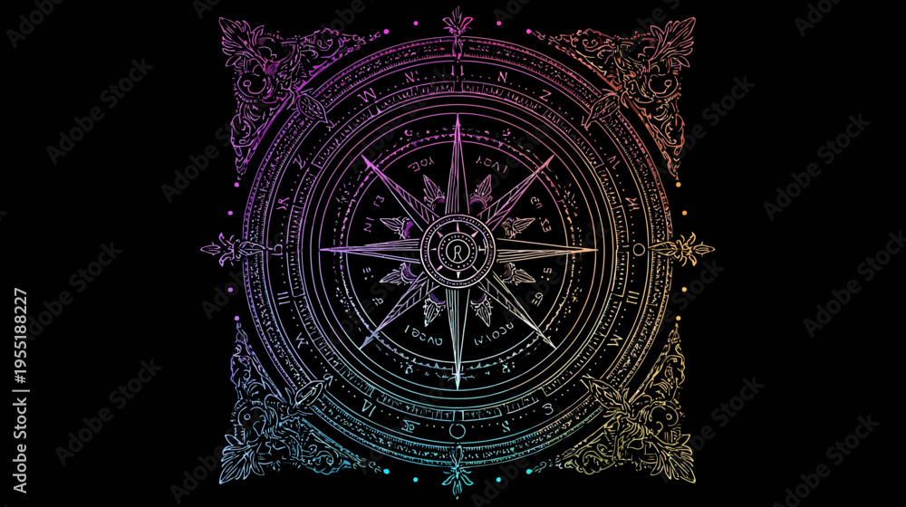 Obraz premium A compass rose illustration with gradient colors and ornate flourishes set against a black background
