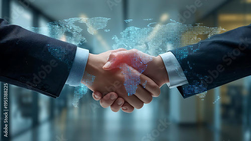 Business partnership handshake with global digital network and world map in background, symbolizing international cooperation and agreement.
