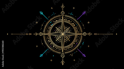 A golden, decorative compass with arrows, dots, and intricate designs on a black backdrop