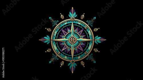 Intricate illustration of a circular design on a black backdrop, with gold, turquoise, and purple accents