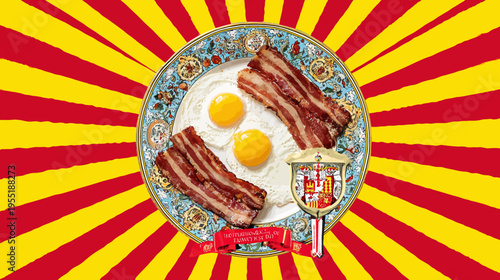 A breakfast of fried eggs and bacon on a decorative plate against a radial background