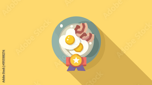 A stylized illustration features breakfast food on a plate with an award icon. The background is yellow
