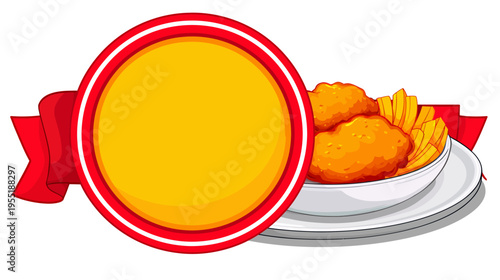 A cartoon-style illustration showing chicken nuggets and fries, with a blank round label and ribbon