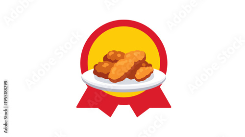 A cartoon image of fried food on a plate in front of a red, yellow, and red emblem