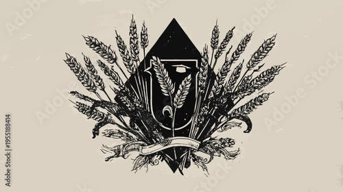 A monochrome illustration of a coat of arms with wheat stalks and a banner