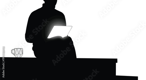 Black silhouette of two men looking at blue screen, male figures standing and pointing at digital display, people interacting with technology vector