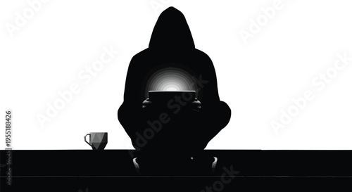 Black silhouette of two men looking at blue screen, male figures standing and pointing at digital display, people interacting with technology vector