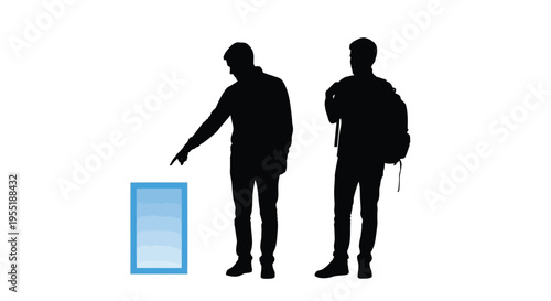 Black silhouette of two men looking at blue screen, male figures standing and pointing at digital display, people interacting with technology vector