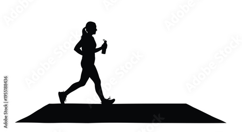 Athletic woman running silhouette, female jogger with water bottle on path vector, fitness and cardio workout exercise illustration