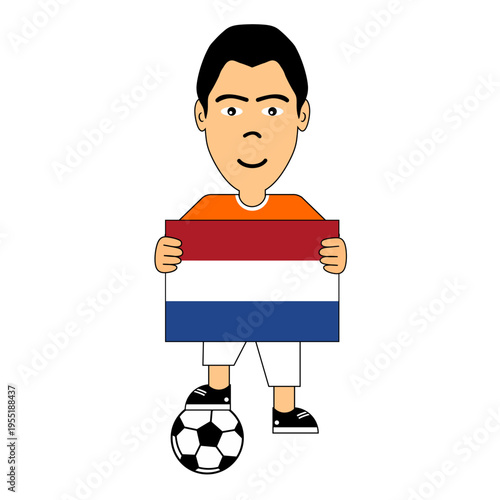 Vector illustration of a young boy holding the Dutch national flag, dressed in casual clothing and standing with a soccer ball, symbolizing the Netherlands, football passion, and national pride