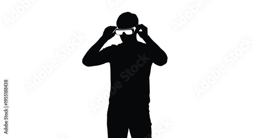 Black silhouette of man wearing virtual reality headset, person using VR goggles vector illustration, immersive technology user on white background