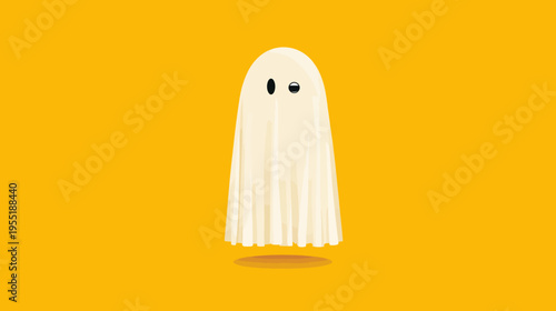 Illustration of a cartoonish ghost with one eye open, with a shadow on a golden background