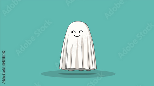 A smiling, cartoonish ghost hovers in the center against a teal background with a shadow