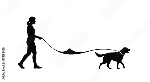 Black silhouette of woman walking dog on leash, female pet owner with labrador retriever, active lifestyle vector illustration on white background