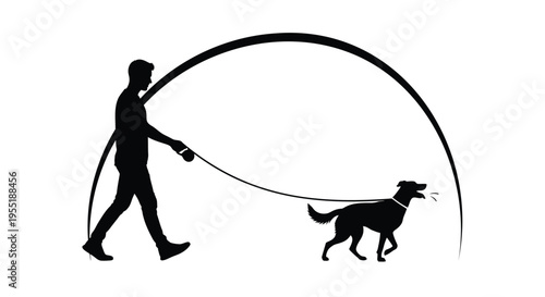 Minimalist silhouette of man walking dog on leash, professional pet sitter or owner with canine companion, black and white vector illustration for pet care services