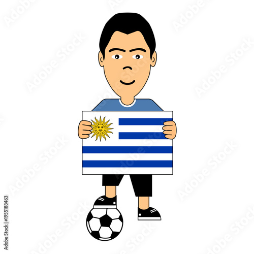 Vector illustration of a young boy holding the Uruguayan national flag, dressed in casual clothing and standing with a soccer ball, symbolizing Uruguay, football passion, and national pride