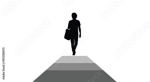 Minimalist man silhouette walking on path, male figure carrying bag on perspective walkway, lonely traveler person vector illustration