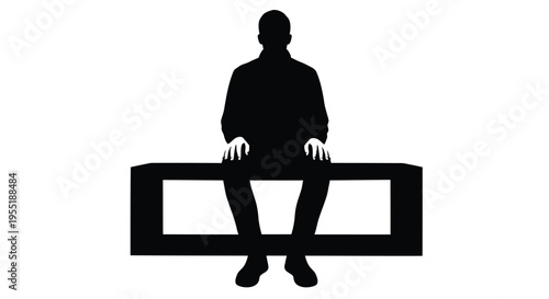 Minimalist man silhouette sitting on bench, male figure seated on rectangular block vector, lonely person waiting in front view