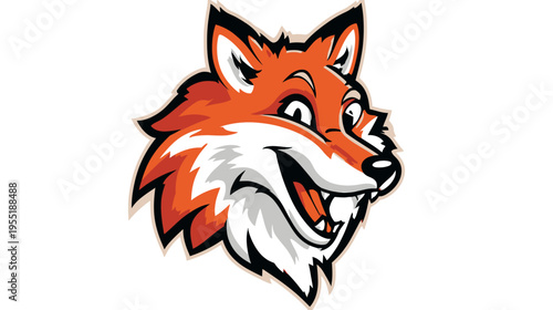 A cartoon fox head, with orange and white fur, smiling and looking to the side