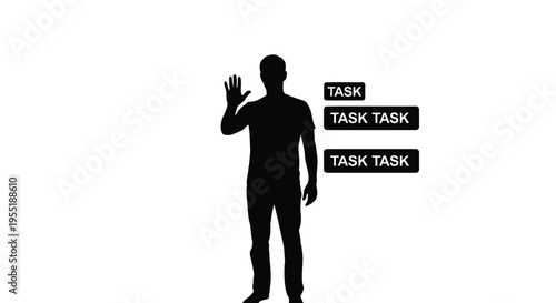 Minimalist silhouette of man waving hand, multitasking professional managing multiple task labels, productivity and time management concept vector