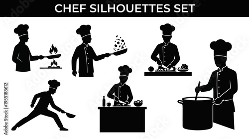Chef silhouettes set illustrating various culinary actions with pans, pots, and cooking utensils
