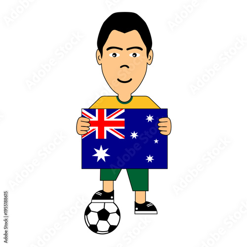 Vector illustration of a young boy holding the Australian national flag, dressed in casual clothing and standing with a soccer ball, symbolizing Australia, football passion, and national pride