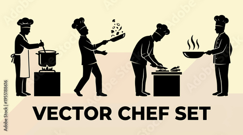 Culinary professionals in silhouette, showcasing various cooking actions and kitchen tasks, presented as a graphic vector set