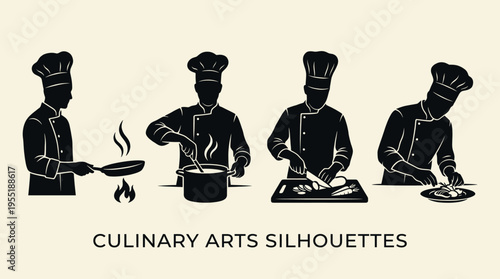 Detailed black silhouettes illustrate the dynamic world of culinary arts, showcasing professional chefs performing various cooking and food preparation techniques with expertise