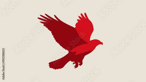 A red silhouette of a bird in flight, wings outstretched, against a neutral background